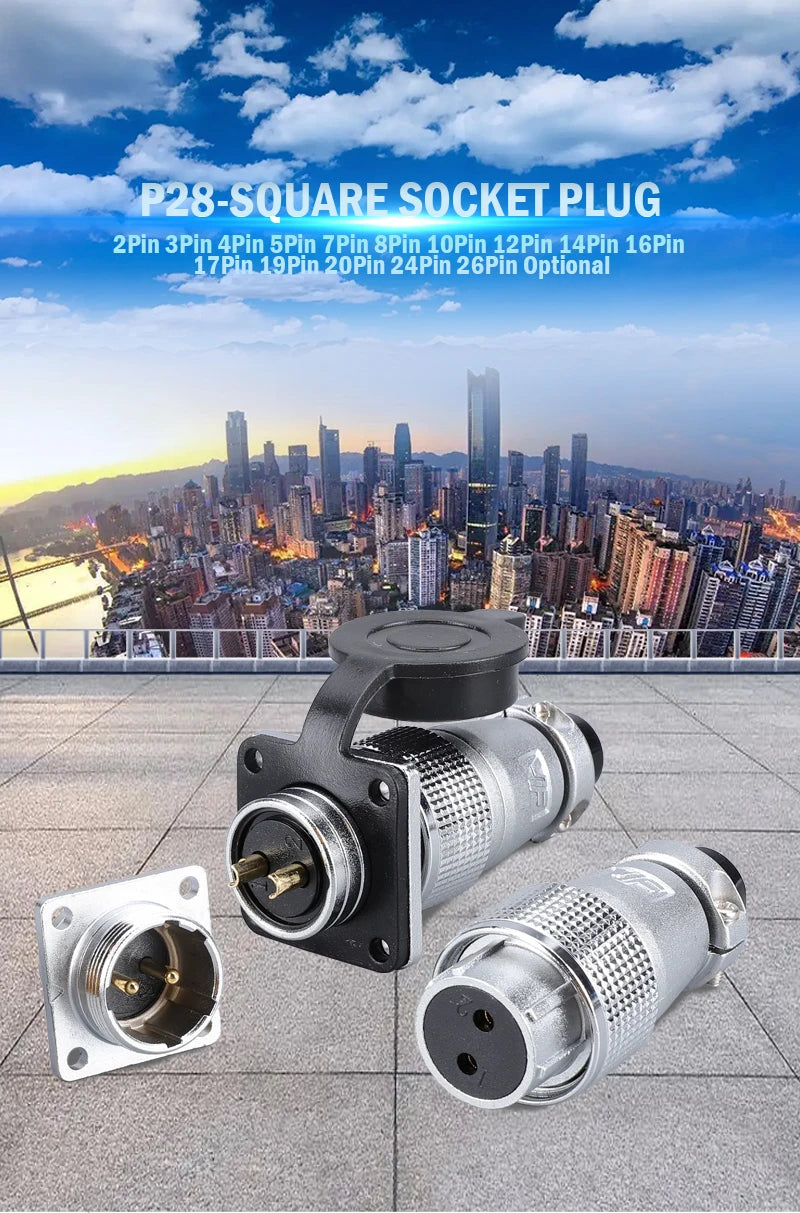 P28 Aviation Connector, Square Flange Socket, Male/Female Circular Butt Joint, 2/3/4/5/7/10/12/14/16/19/20/24 Pin, P28K2Q PLS28