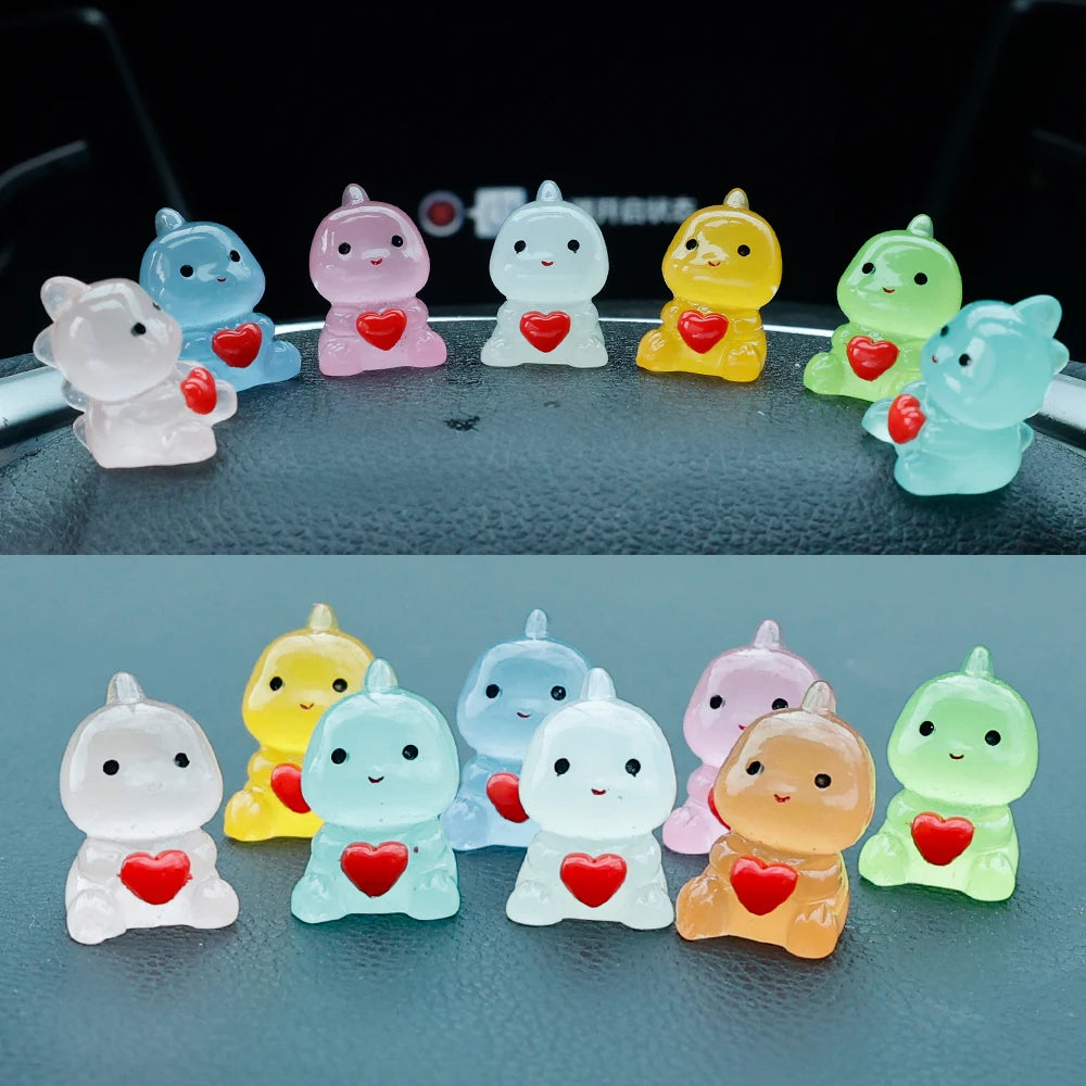 Cute Small Dinosaur Hug Heart Car Ornaments Night Glowing Luminous Dashboard Decor Car Home Ornament Decoration 10/1pcs