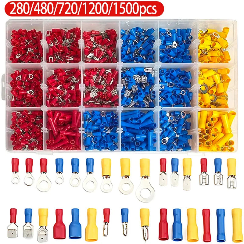 280/480/720/1200pcs Cold Pressed Terminal Kit - Insulated Quick Connect Spade/Ring/Fork Crimp Connectors for Automotive Wiring