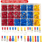 280/480/720/1200pcs Cold Pressed Terminal Kit - Insulated Quick Connect Spade/Ring/Fork Crimp Connectors for Automotive Wiring