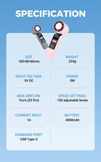 4000mAh Rechargeable Electric Handheld Fan 100 Speeds Adjustable Portable Travel Outdoor Foldable Mini Air Cooling Turbo Amagi