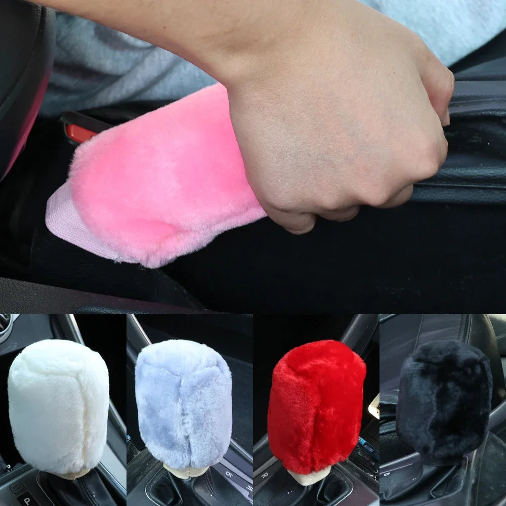 2Pcs Car Handbrake Grip Covers Gear Shift Knob Cover Handle Plush Sleeve Winter Soft Warm Hand Brake Interior Gear Shift Collars