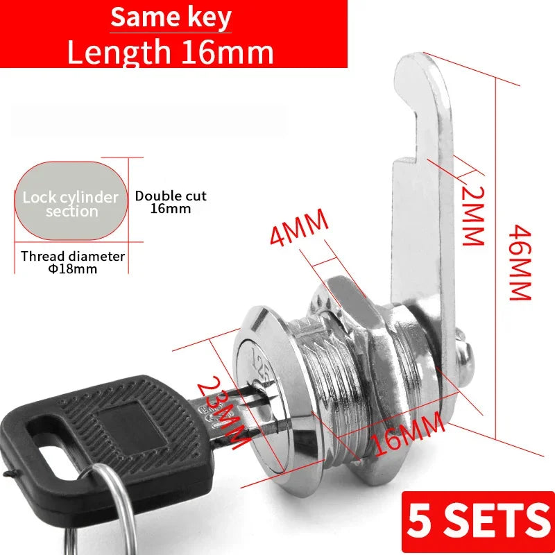 Cabinet Cam Lock Set, 5 Pack Two-Sided Keyed Alike 16MM-30MM Cylinder Cam Locks Secure Mailbox File Drawer Compartment Lock