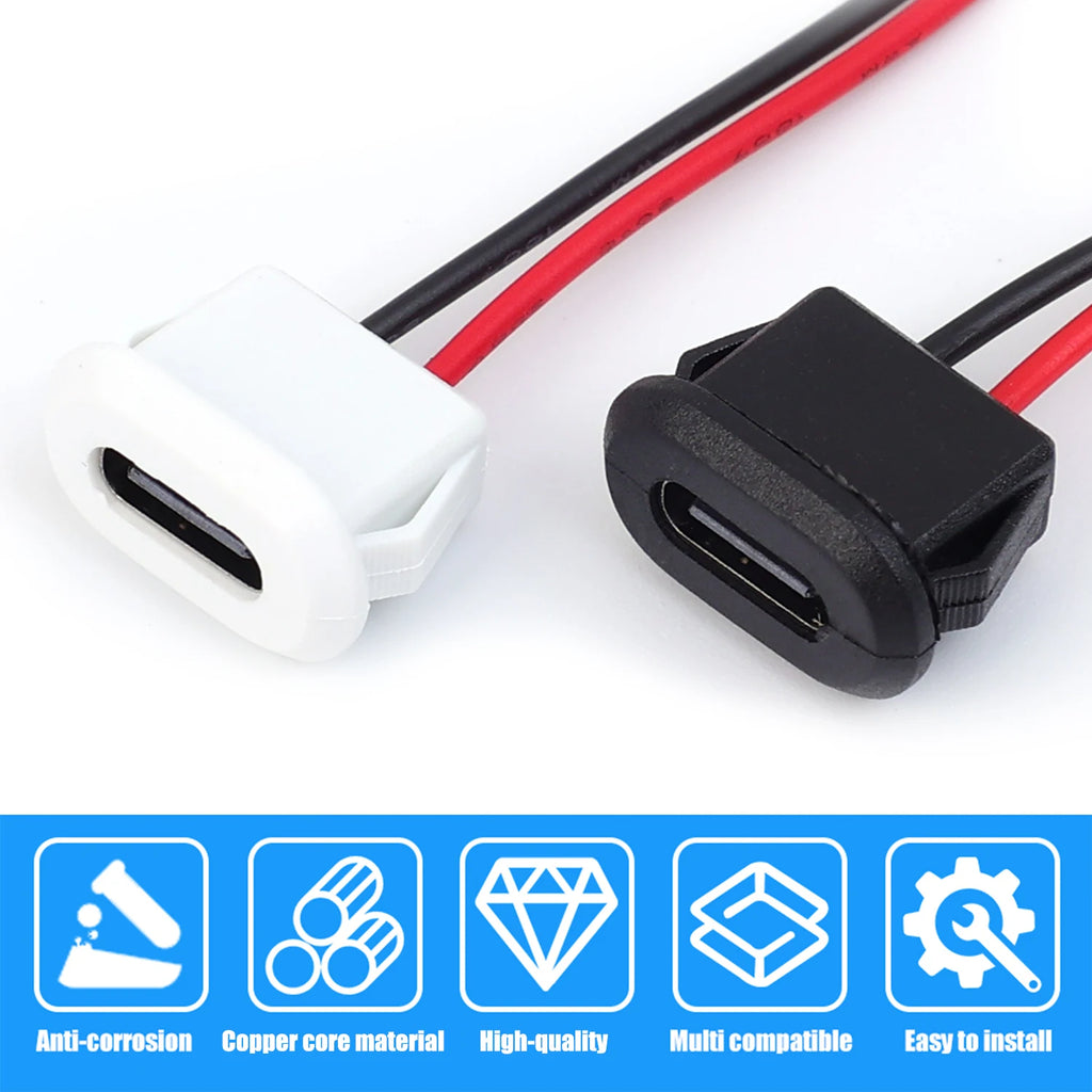 6/2PCS Type-C Female 2Pin USB Connector Type-C Waterproof with Female Socket Fast Charging Jack Charging Port USB-C Charger Plug