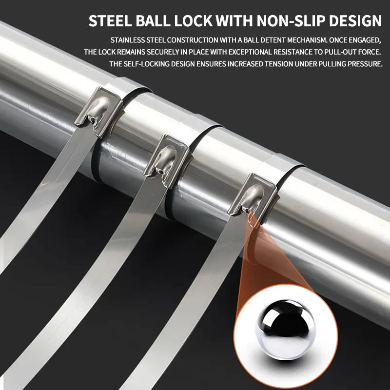 50PCS 304 Stainless Steel Zip Ties, Heavy-Duty Self-Locking Metal Cable Ties 4.6mm,Anti-Rust & Heat Resistant for Marine,Outdoor