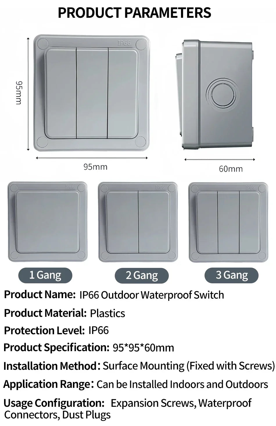 IP66 Outdoor Wall Switch 16A Weatherproof Push Button - 1/2/3 Gang Electrical for Garden/Patio/Exterior Use