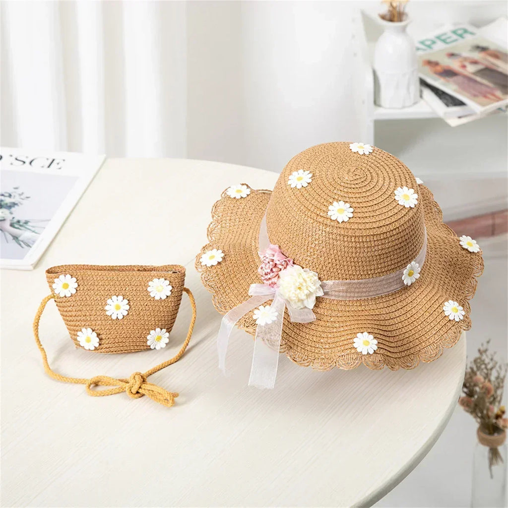 Girls' Straw Hat Bag Matching Travel Sun Hat Flower Children's Sun Hat Outdoor Fashion Fisherman Hat Sunscreen Hat Amagi