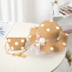 Girls' Straw Hat Bag Matching Travel Sun Hat Flower Children's Sun Hat Outdoor Fashion Fisherman Hat Sunscreen Hat Amagi