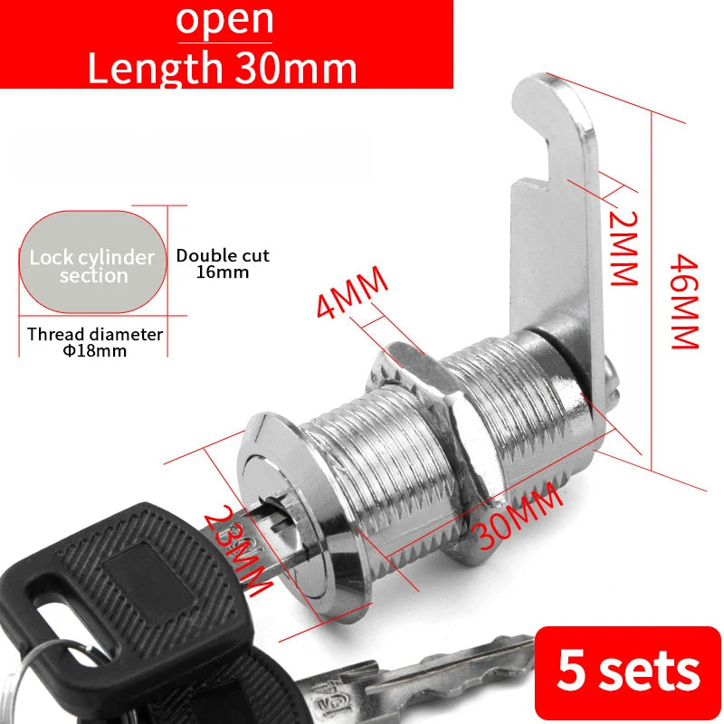 Cabinet Cam Lock Set, 5 Pack Two-Sided Keyed Alike 16MM-30MM Cylinder Cam Locks Secure Mailbox File Drawer Compartment Lock