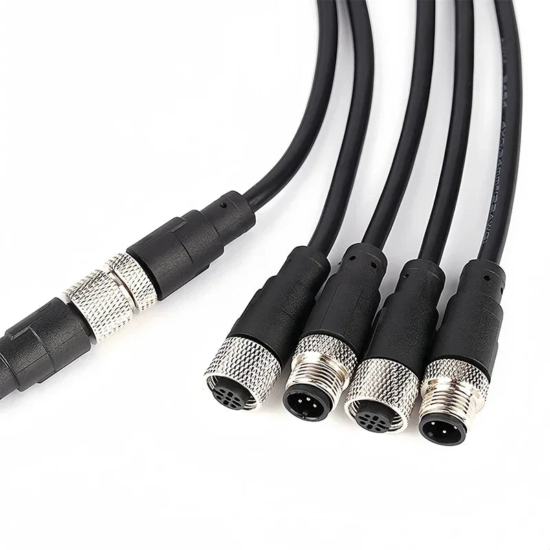 2m M12 Waterproof Sensor Cable, Male & Female Connector, 4/5/8/12 Pin, Integrated Injection Molded for Industrial Automation