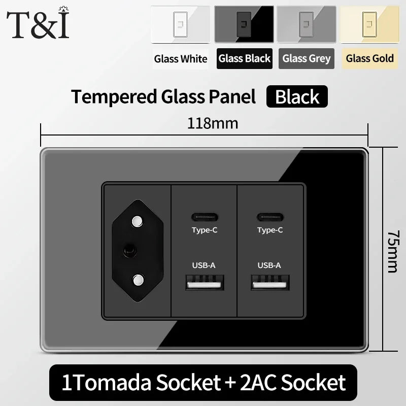 Brazil Standard Wall Socket (Type N) with Type‑C USB, 3‑Gang Wall Switch, Tempered Glass Panel, Stable Power for Home/Office