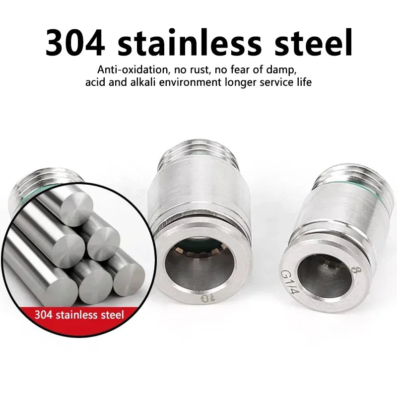 304 Stainless Steel Pneumatic Push-In Fitting POC-G, Internal Hex Quick Connector for Air and Gas Pipe Systems
