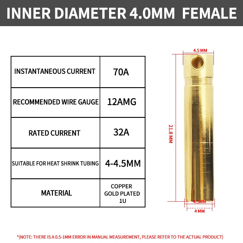 40Pcs Gold-Plated Bullet Banana Connectors, 2–8mm Pure Copper Plug Set for RC Brushless Motor & ESC Wiring