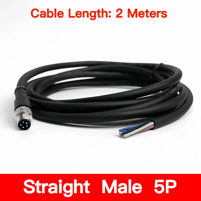 2m M8 Sensor Connector Cable, Straight & Right Angle Options, Male/Female, 3/4/5/6/8 Pin, Waterproof Molded Plug for Industry