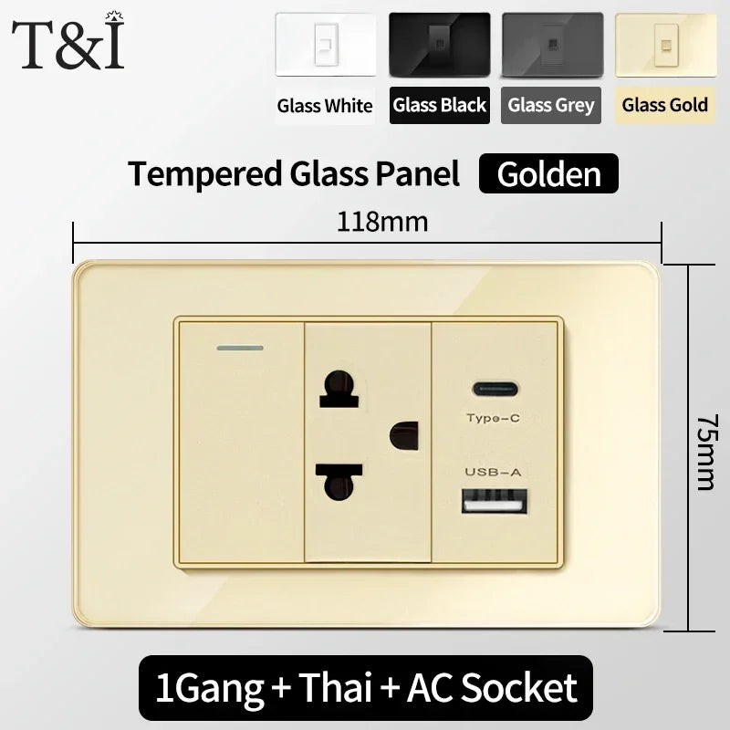 118 Series Glass Panel Wall Switch Socket, US Mexico Standard, USB and Type-C Charging Ports, 1/2/3/4 Gang Options