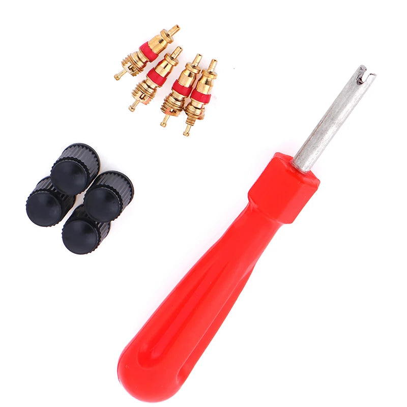 1 Set Tire Valve Service Kit 4 Valve Cores 4 Valve Caps 1 Valve Stem Screwdriver Tire Repair Tool for Car Motorcycle Bus Truck