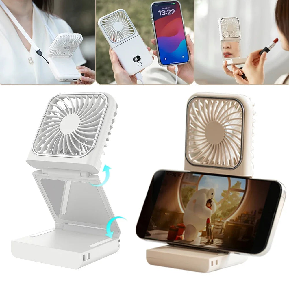 Foldable Mini Fan Portable Desk Fan with Phone Stand USB Rechargeable Handheld Fan for Outdoor Travel Camping Hanging Neck Amagi
