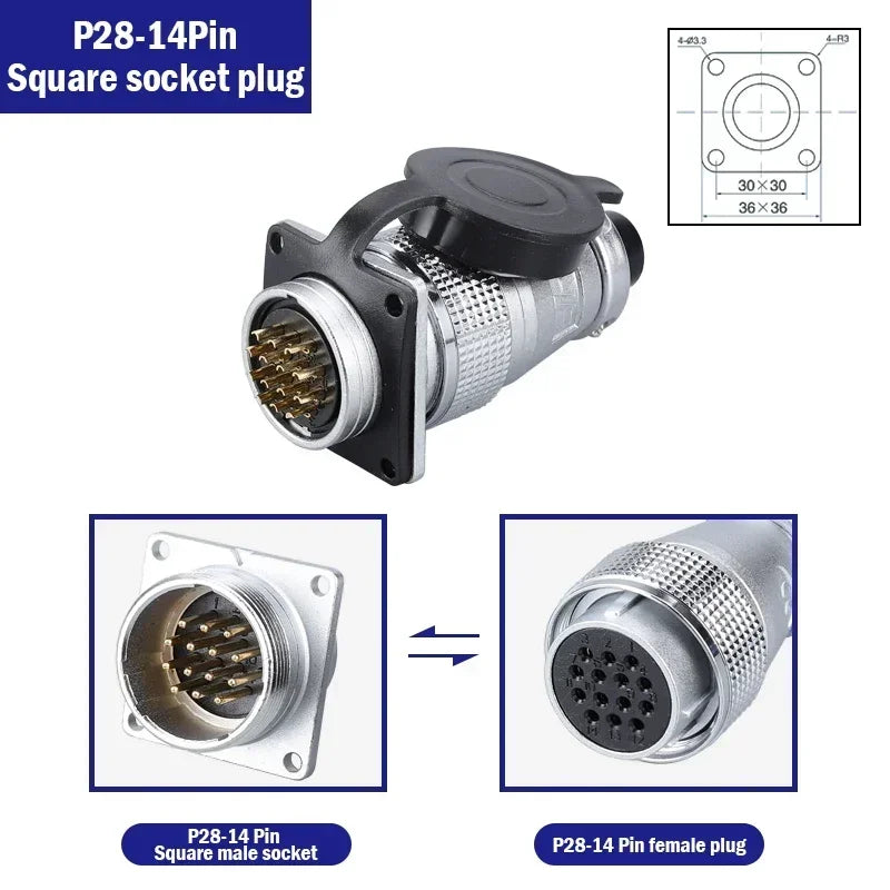 P28 Aviation Connector, Square Flange Socket, Male/Female Circular Butt Joint, 2/3/4/5/7/10/12/14/16/19/20/24 Pin, P28K2Q PLS28