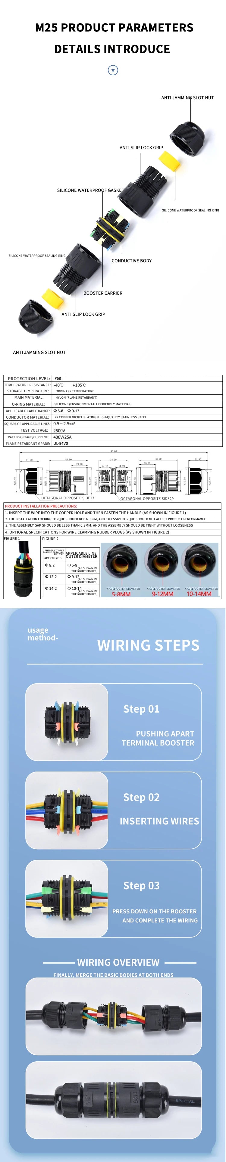 IP68 Outdoor Waterproof Junction Box Electrical Cable Connector, Easy to Install,M16 M20 M25 for Ø3.5-14mm Wire Range 2 Way