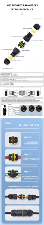 IP68 Outdoor Waterproof Junction Box Electrical Cable Connector, Easy to Install,M16 M20 M25 for Ø3.5-14mm Wire Range 2 Way