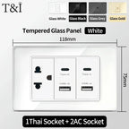 118x75mm Tempered Glass US-Thai Socket: Dual USB-C Ports & 2 AC Outlets for 110V, Scratch-Resistant Panel