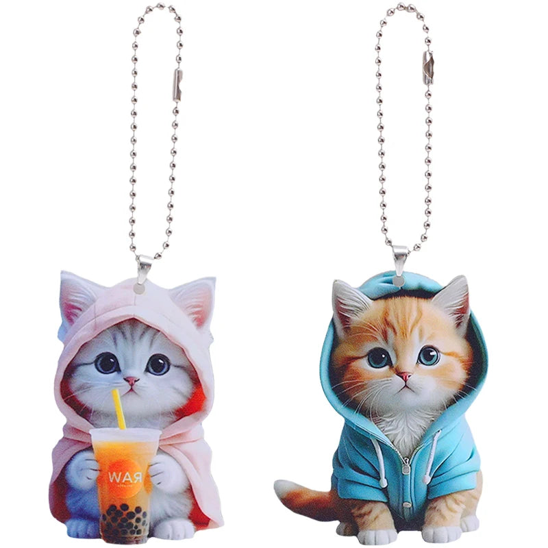 Acrylic Cat Pendant Key Chain 2D Flat Kitten Hanging Keychain Lifelike Kitten Bag Pendent Cartoon Animal Keyring Accessories