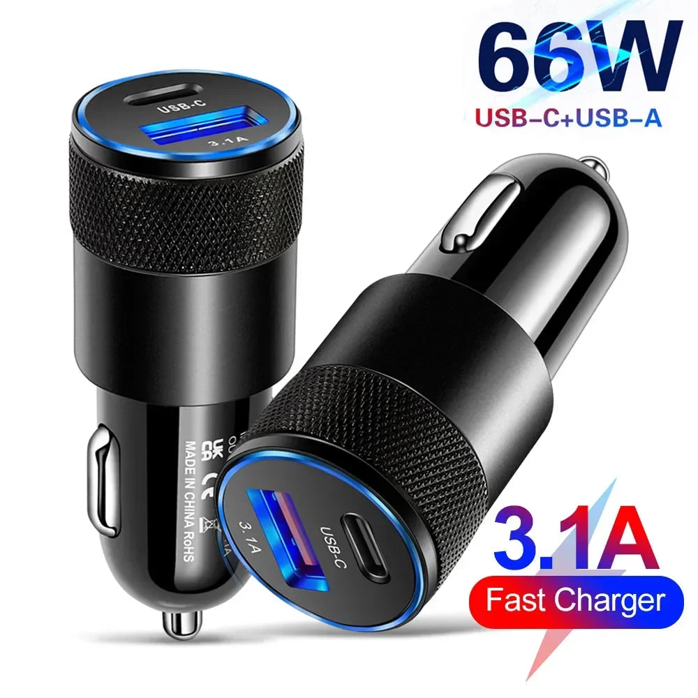 66W USB Car Charger Fast Charging Type C Chargers PD QC 3.0 Phone Charger in For IPhone 15 Pro Max Xiaomi Huawei Samsung Amagi