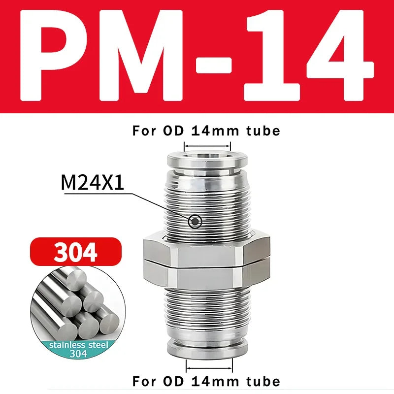 PM Type 304 Stainless Steel Bulkhead Pneumatic Connector, Push-In Hose Fitting 4mm–16mm for Air, Gas and Fluid Pipe Connection