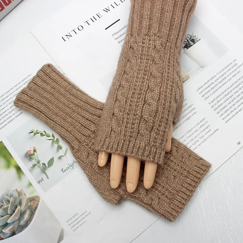 Men Women Stretch Acrylic Knit Stripe Fingerless Mitten Student Couple Winter Warm Twist Flower Half Finger Solid Glove Amagi