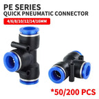 50/200 PCS PE Pneumatic Fittings 4/6/8/10/12/14/16mm Quick Connect Slip Lock Tee, 3-Way Plastic Air Water Hose Tube Connector