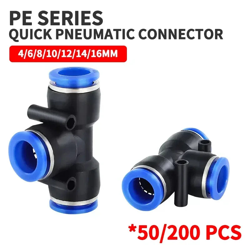 50/200 PCS PE Pneumatic Fittings 4/6/8/10/12/14/16mm Quick Connect Slip Lock Tee, 3-Way Plastic Air Water Hose Tube Connector