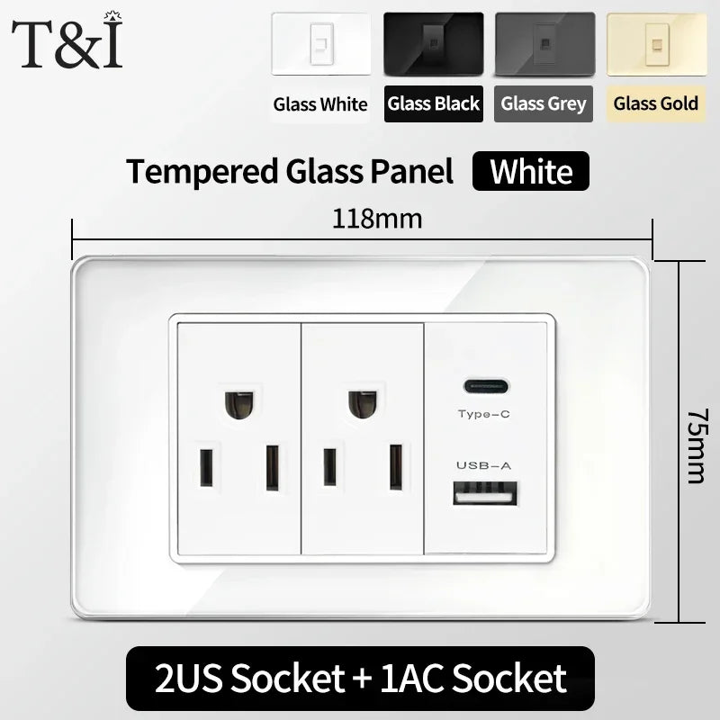 118x75mm Tempered Glass US-Thai Socket: Dual USB-C Ports & 2 AC Outlets for 110V, Scratch-Resistant Panel