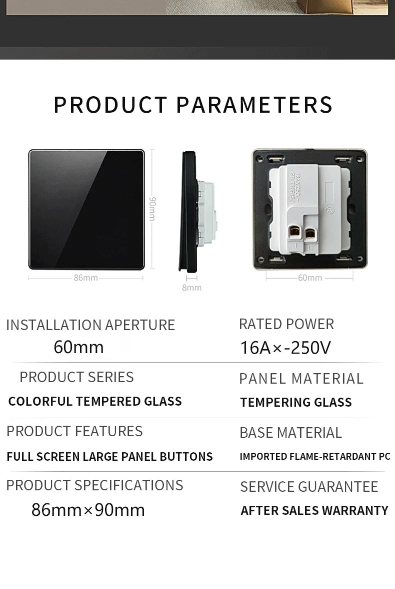 EU Russia France UK Socket AC Panel 86 Wall Switch Toggle Press Light Switch On/Off Crystal Tempered Glass Panel Wall Outlet
