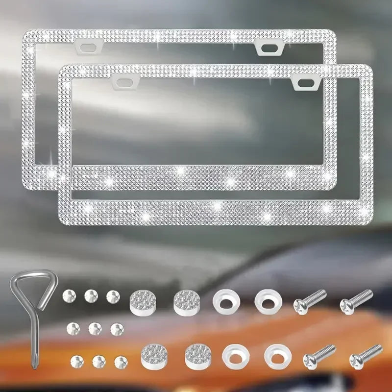 Bling Crystal License Plate Frame Luxury Car Frame Plate with Button Diamond Car License Plate Frame Cover for Women-2 Pack