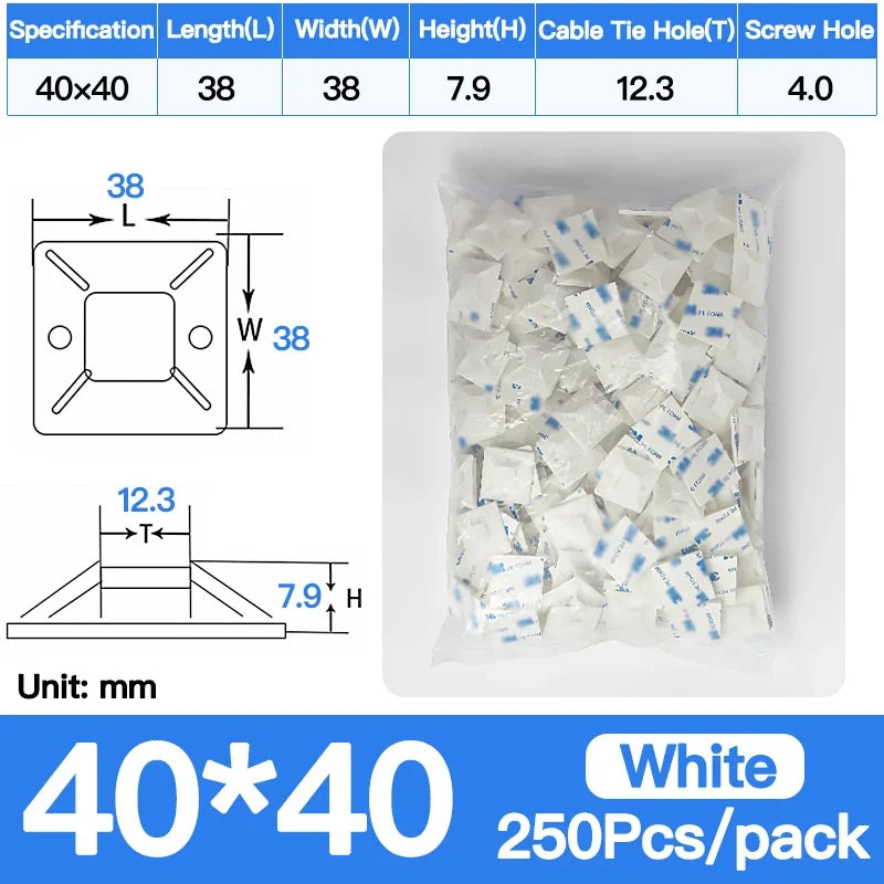 250/500/1000PCS Self-Adhesive Cable Tie Mounts, Strong Sticky Base Wire Holder Clips for Wall Fixing, Cable Routing Management