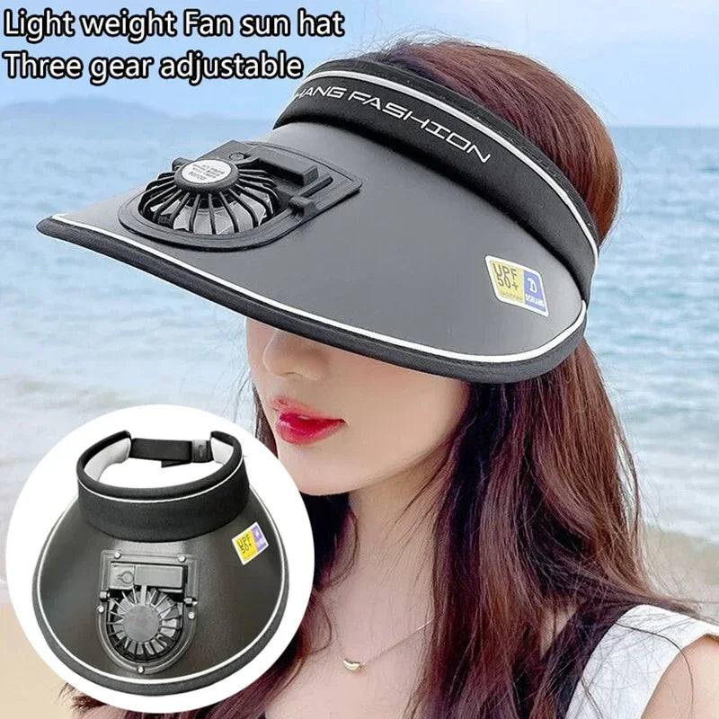 Summer Large Brim Empty Top Sunscreen Cap USB Fan Hat for WOMEN'S Leisure Outdoor Sports Travel Cycling Sun Hat Beach Fan Amagi
