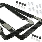 Black Carbon Fiber Pattern Plastic License Plate Frame Fiber Black Aluminum Metal Car Tag Holder Tire Screw Cap Universal Amagi