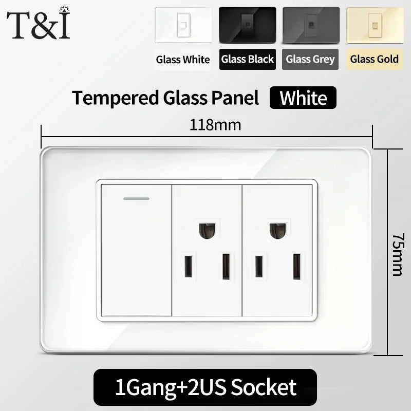 118x75mm Tempered Glass US-Thai Socket: Dual USB-C Ports & 2 AC Outlets for 110V, Scratch-Resistant Panel