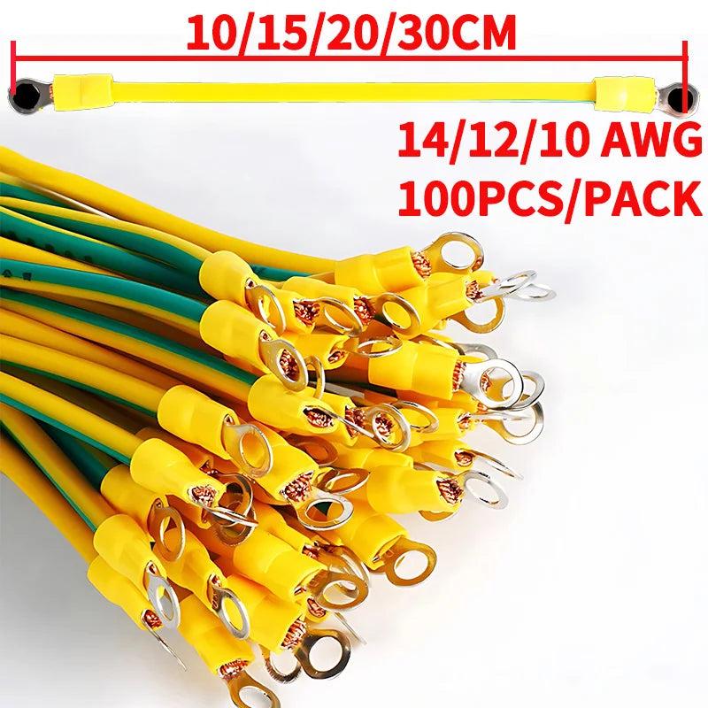 100 PCS Solar Photovoltaic PV Panel Earth Cable BVR 10/12/14 AWG Red Copper Yellow Green Grounding Wire With O Ring Terminal
