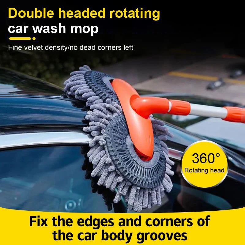 Double Brush Head Rotating Car Wash Mop Three-Section Telescopic Mop Roof Window Cleaning Maintenance Auto Supplies Accessories