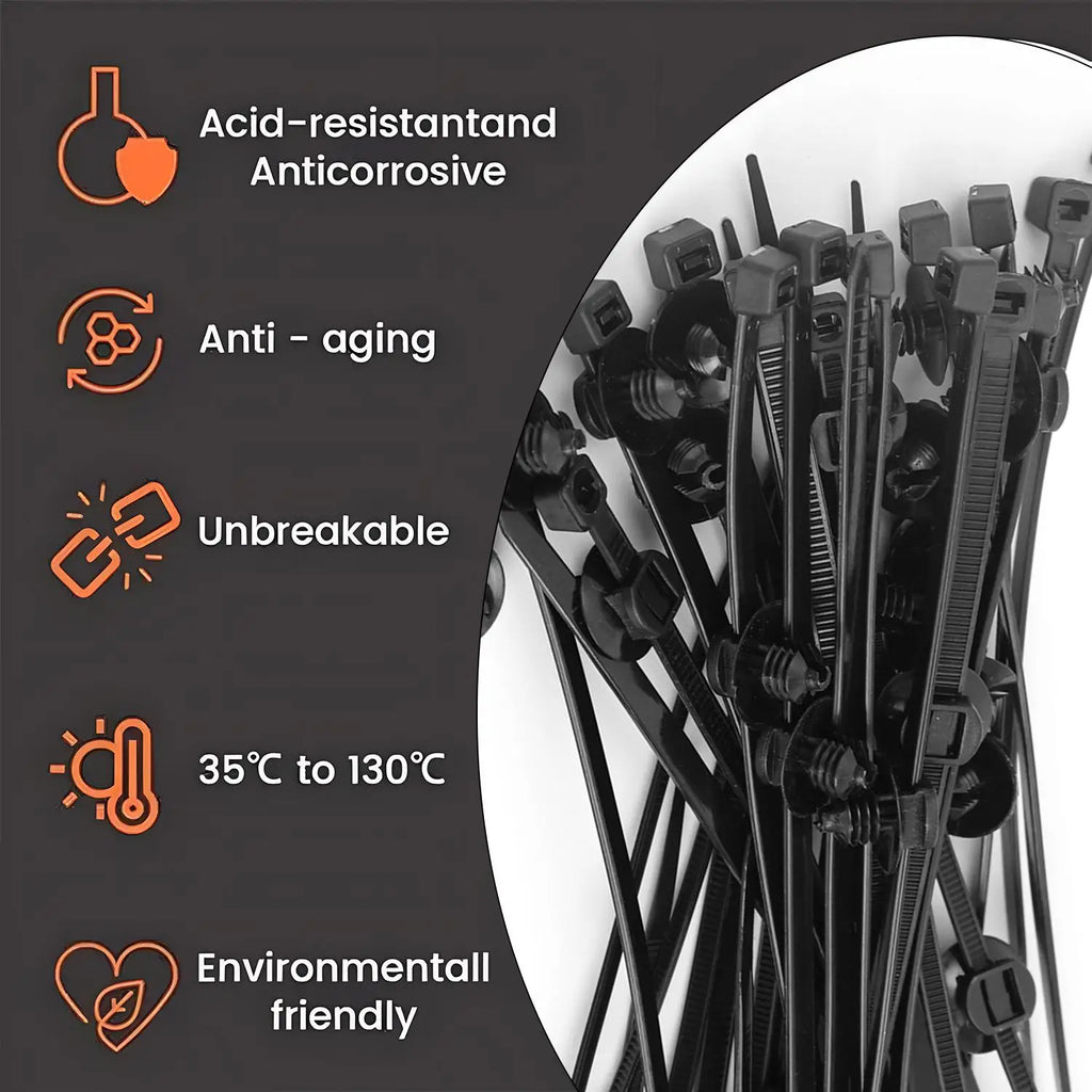 Universal Car Wiring Harness Fastener Clip Push Mount Cable Tie Nylon Zip Tie Auto Wire Loom Fixer Retainer Strap Set 15cm 20cm