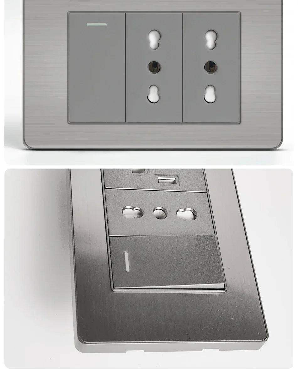 Stainless Steel Wall Socket 118x75mm Italian-Style with USB-C & Schuko Chilean Plug - Brushed Finish for Home/Office