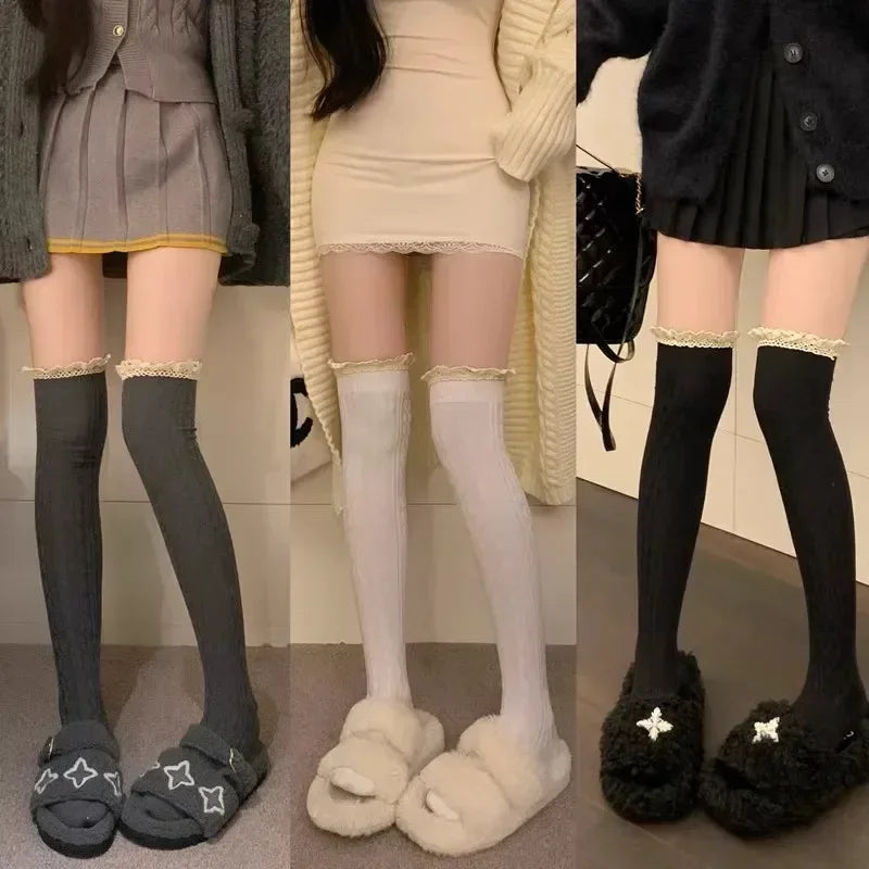 Sweet Lace Thigh High Socks Japanese Style Knitted Long Socks JK Lolita Black White Stockings Women Girls Amagi