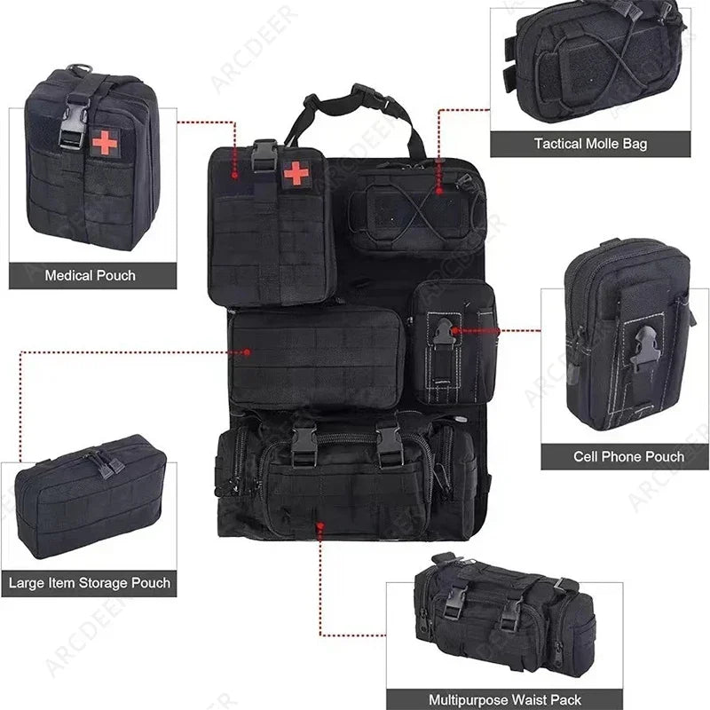 6pcs/set Universal Car Backrest Wall Hang Seat Back Storage Bag Organize Molle Panel with 5 Detachable Pouch,Outdoor Campe Hike