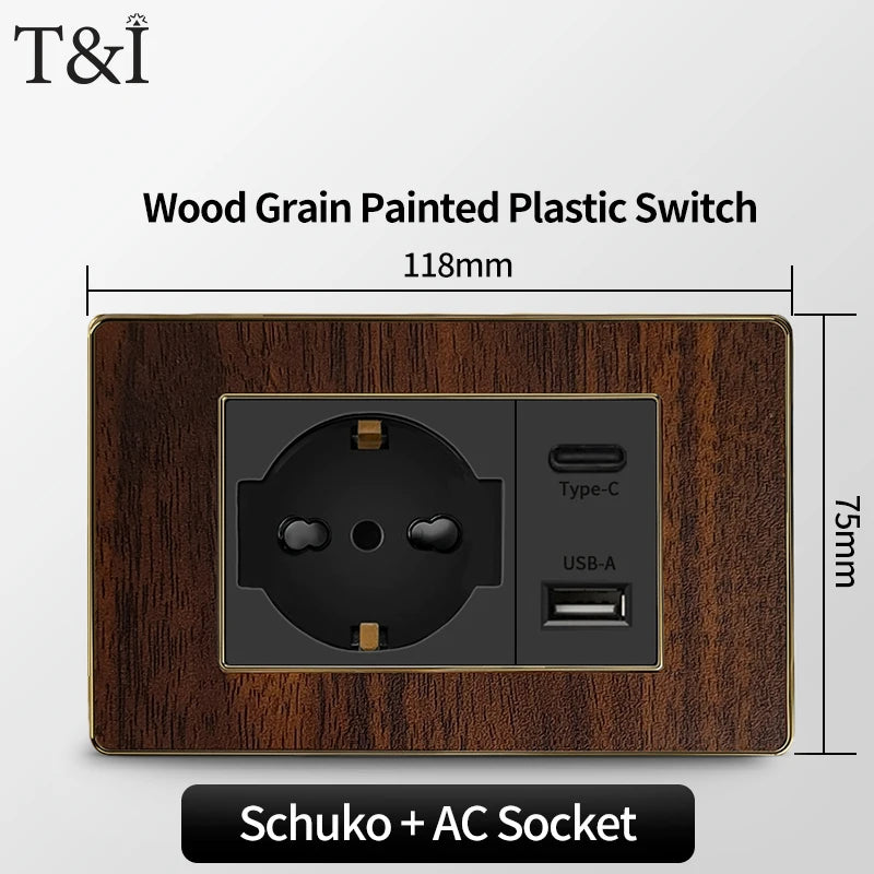 118-Type Retro Wood Grain Wall Plate – Black Plastic Spray-Painted Decorative Panel for Italy Standard Switch & Socket