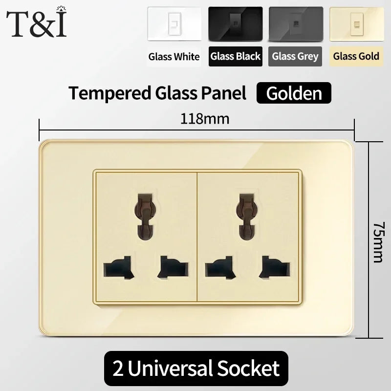 118 Series Glass Panel Wall Switch Socket, US Mexico Standard, USB and Type-C Charging Ports, 1/2/3/4 Gang Options