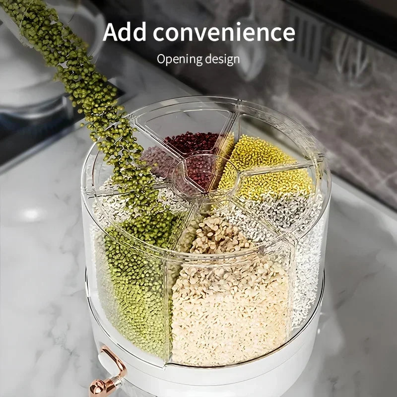 6-Compartment 360° Rotating Airtight Food Storage Container - Moisture-Proof for Cereal, Candy, Rice - Kitchen Pantry Organizer