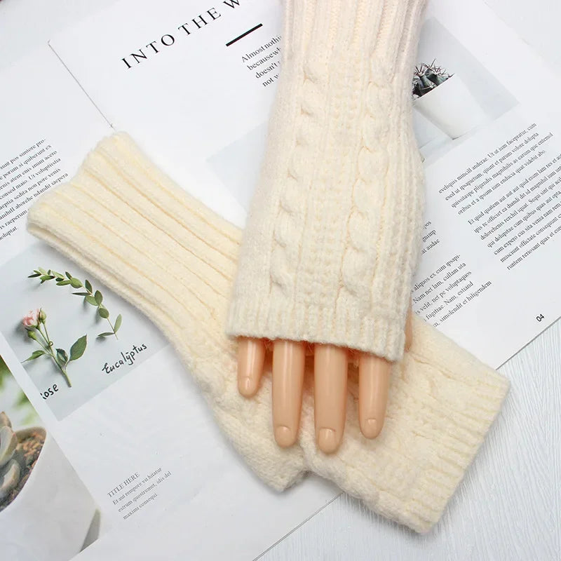 Men Women Stretch Acrylic Knit Stripe Fingerless Mitten Student Couple Winter Warm Twist Flower Half Finger Solid Glove Amagi
