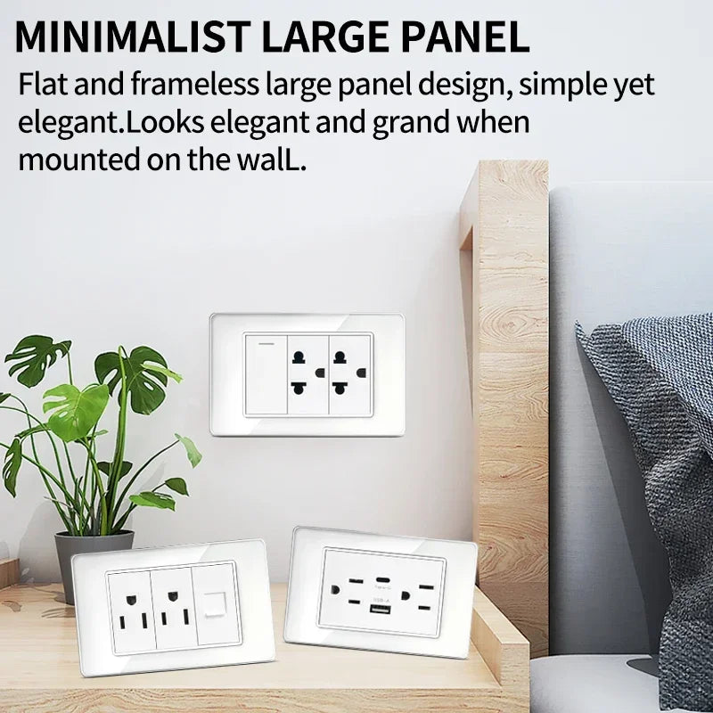 118 Series Glass Panel Wall Switch Socket, US Mexico Standard, USB and Type-C Charging Ports, 1/2/3/4 Gang Options
