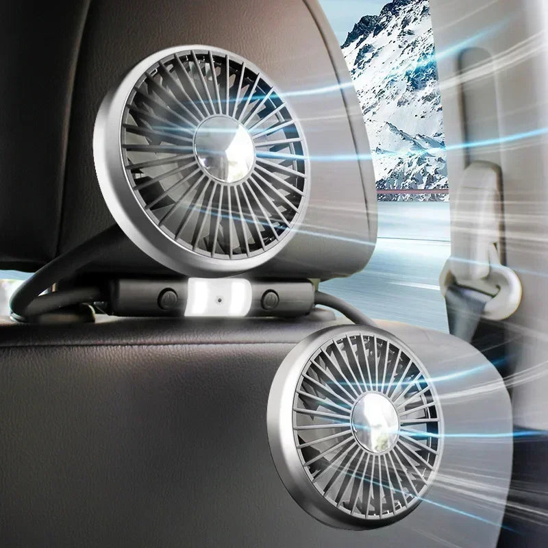 Car USB Fan Dual Head Cooling Air Hose Fan for Backseat 360°Rotation 3-Speed Auto Headrest Fan For Rear Seat Amagi